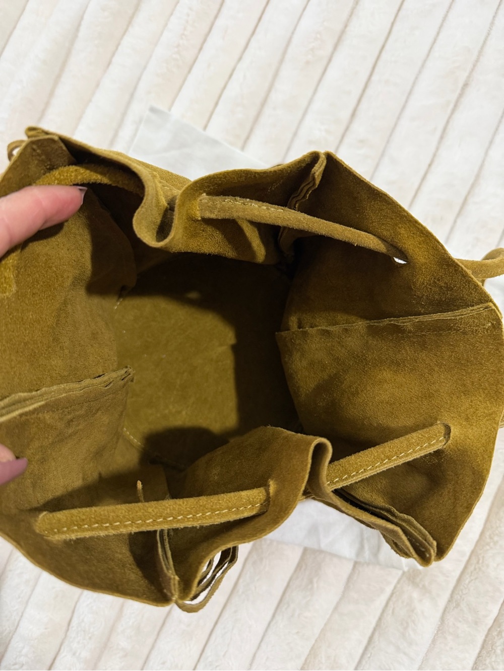 Olive Suede( genuine leather)Fringe Bucket Bag - Women - Picture 7 of 12